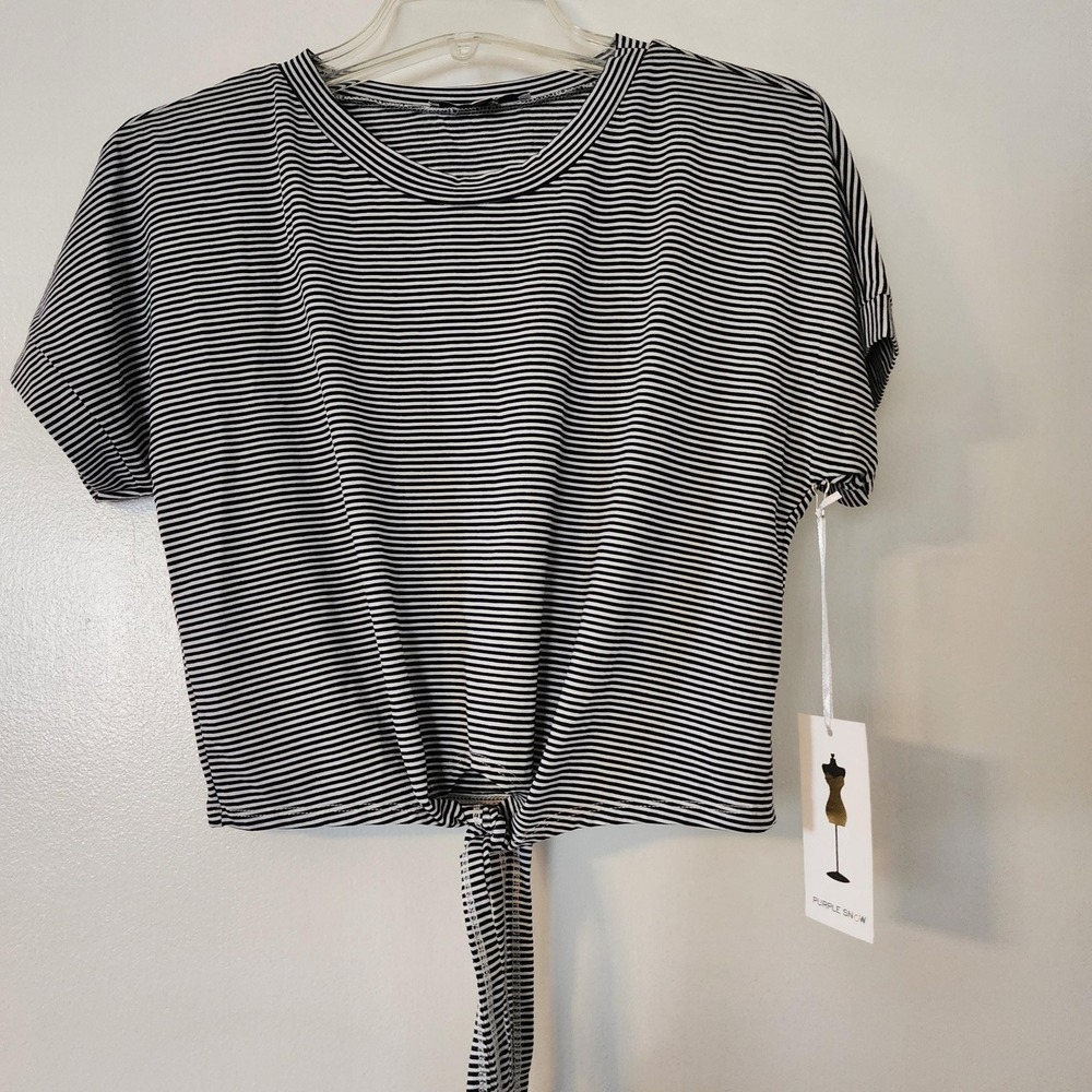 Purple Snow Womens Striped Front Tie Crop Top Black White RSA3970 Size Small